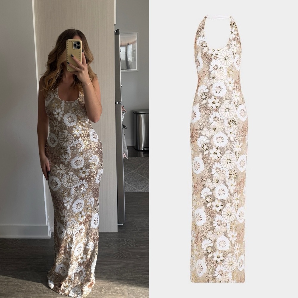 RAMY BROOK Tiffany Floral Sequin Halter Column Gown S
